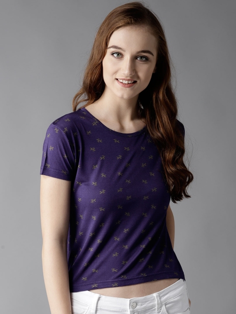 

HERE&NOW Women Purple Printed Round Neck Crop T-shirt