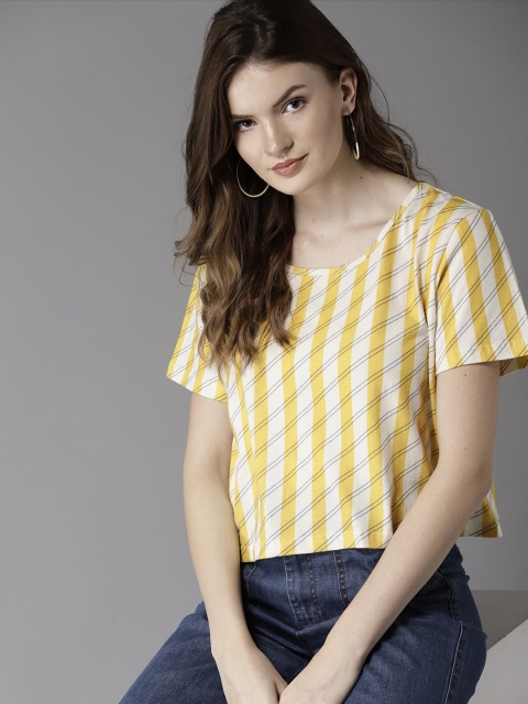 

HERE&NOW Women Off-White & Yellow Striped Round Neck Boxy Crop T-shirt