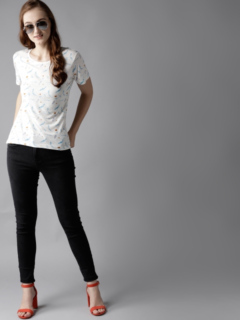 

HERE&NOW Women White Printed Round Neck T-shirt
