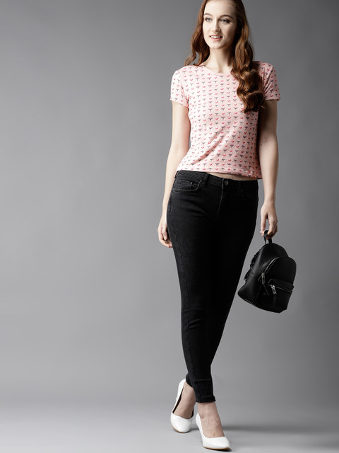 

HERE&NOW Women Peach-Coloured Printed Round Neck T-shirt
