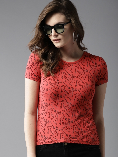 

HERE&NOW Women Red & Black Printed Round Neck T-shirt