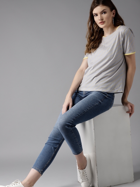 

HERE&NOW Women Grey Striped Round Neck T-shirt