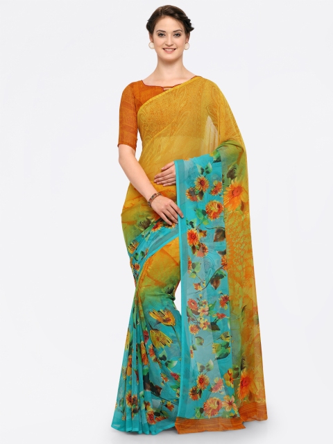 

Vaamsi Mustard Yellow & Sea Green Poly Chiffon Printed Saree