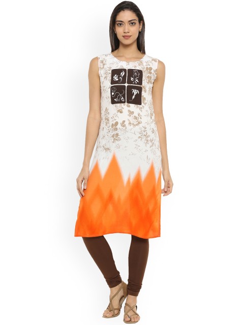 

Soch Women White & Orange Printed Straight Kurta
