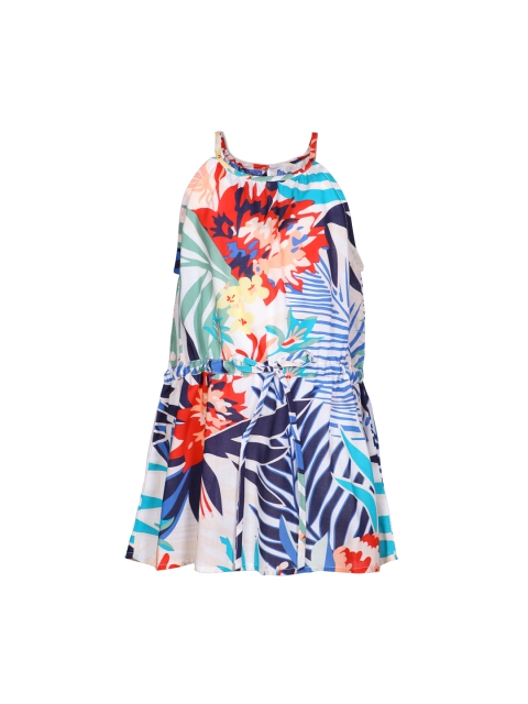 

IDK Girls White & Blue Printed Fit and Flare Dress