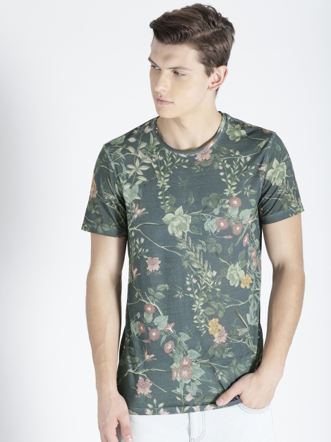 

s.Oliver Men Navy & Green Floral Print Round Neck T-Shirt, Navy blue