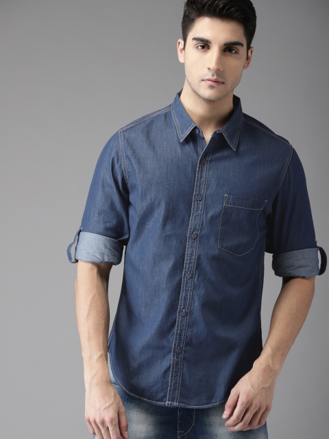 

HERE&NOW Men Blue Regular Fit Solid Chambray Casual Shirt