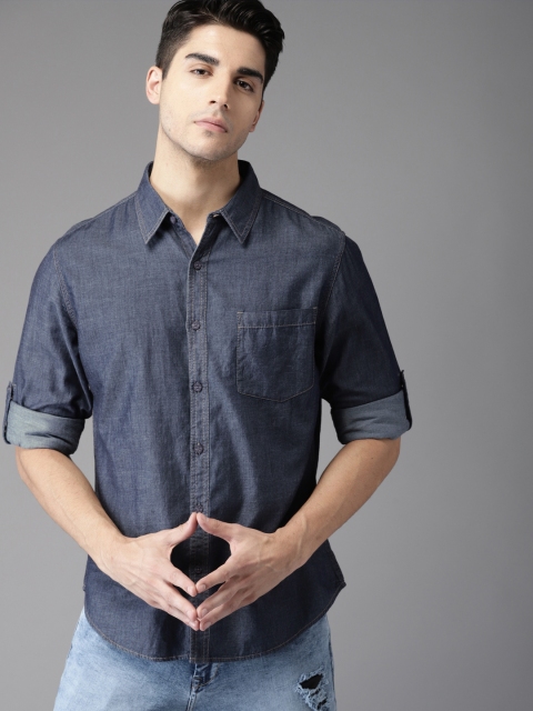 

HERE&NOW Men Blue Regular Fit Solid Chambray Shirt