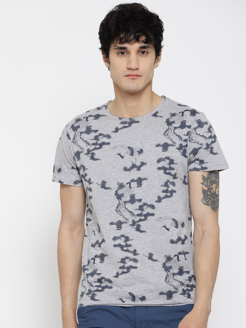 

OVS Men Grey Melange Printed Round Neck T-shirt