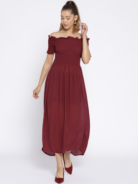 

OVS Women Maroon Solid Off-Shoulder Fit and Flare Dress with Smocking