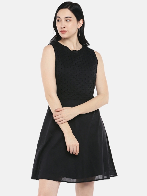 

OVS Women Black Solid Fit and Flare Dress with Schiffli Embroidered Detail