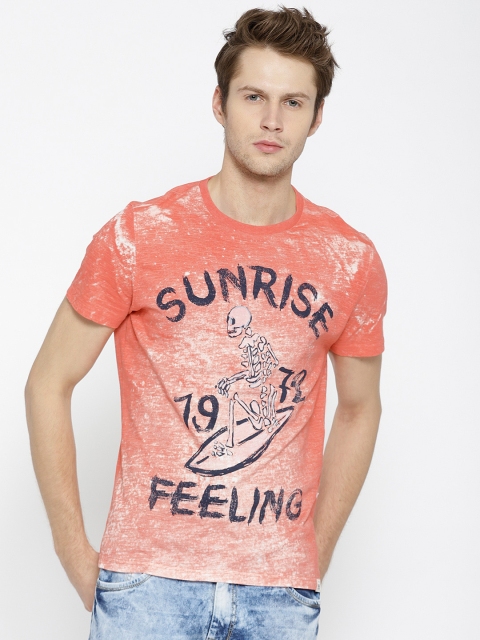 

OVS Men Coral Orange Printed Round Neck T-shirt