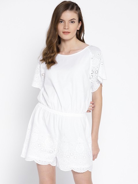 

OVS Women White Solid Playsuit with Schiffli Embroidered Detail