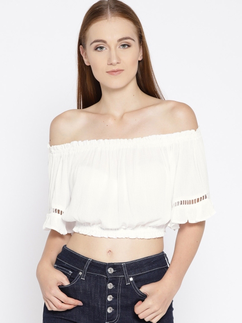 

OVS Women White Solid Cropped Bardot Top