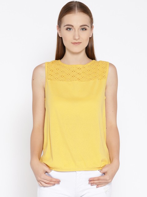 

OVS Women Mustard Yellow Solid Blouson Pure Cotton Top