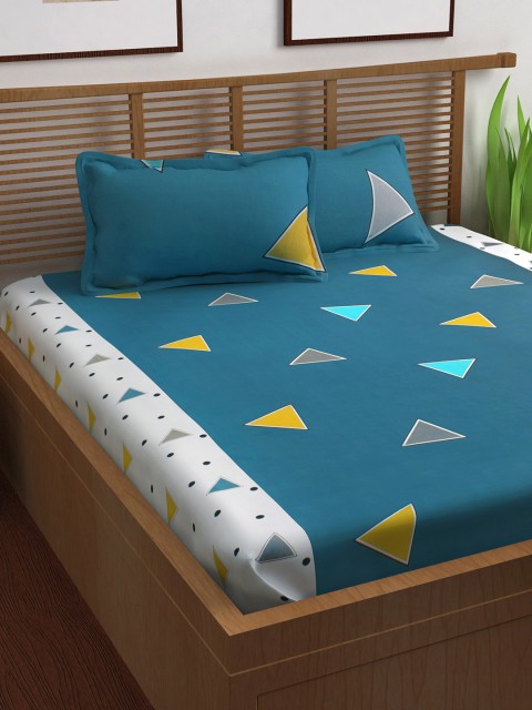 

Story@home Unisex Teal Blue & White 144 TC Cotton 1 Queen Bedsheet with 2 Pillow Covers