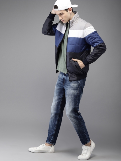 

HERE&NOW Men Navy & Grey Colourblocked Lightweight Bomber, Navy blue