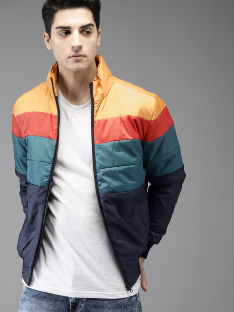 

HERE&NOW Men Navy & Mustard Yellow Colourblocked Lightweight Bomber, Navy blue