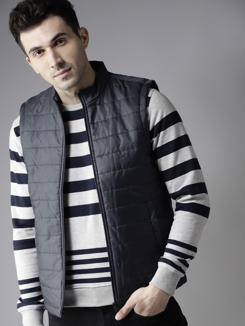 

HERE&NOW Men Navy Blue Solid Padded Jacket