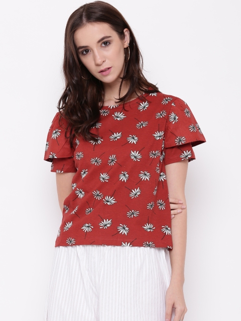 

Cottonworld Women Rust Red Floral Print Regular Top