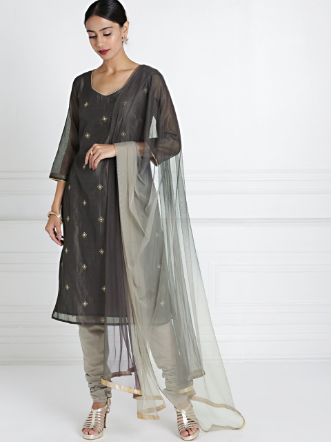 

all about you Women Grey Embroidered Chanderi Kurta with Churidar & Dupatta