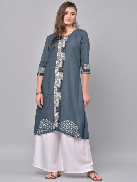 

La Firangi Women Grey Yoke Design Straight Kurta
