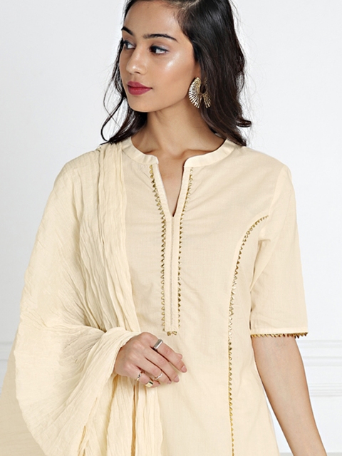 

all about you Women Cream-Coloured & Solid Kurta with Skirt & Dupatta