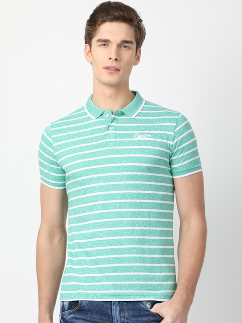 

Classic Polo Men Green & White Striped Polo Collar T-shirt