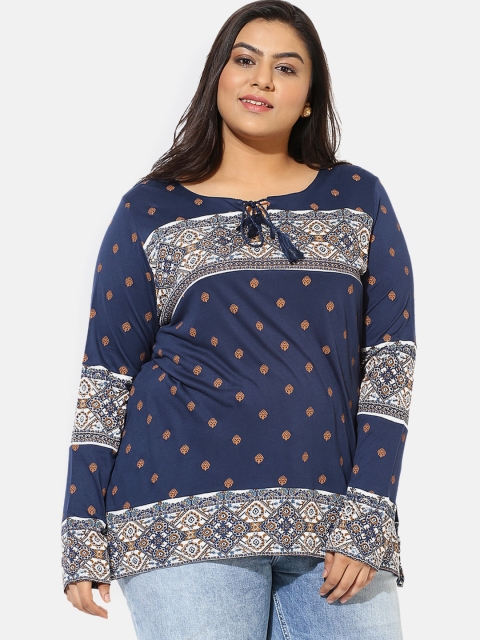 

aLL Plus Size Women Navy Blue Mustard Brown Printed Regular Top