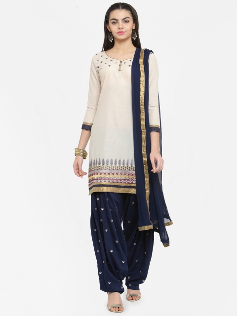 

Kvsfab Cream-Coloured & Navy Cotton Blend Unstitched Dress Material
