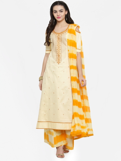 

Kvsfab Cream-Coloured & Yellow Cotton Blend Unstitched Dress Material