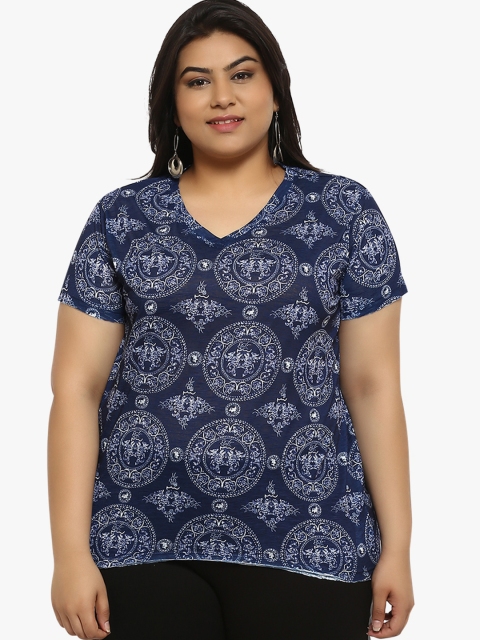 

aLL Plus Size Women Navy Blue Printed V-Neck T-shirt