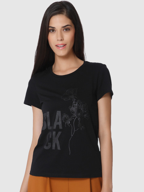 

Vero Moda Women Black Printed Round Neck Organic Cotton T-shirt