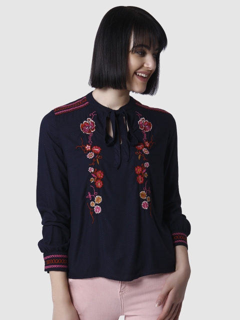 

Vero Moda Women Navy Blue Embroidered Top
