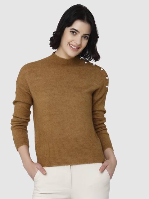 

Vero Moda Women Brown Solid Embellished Sweater Top