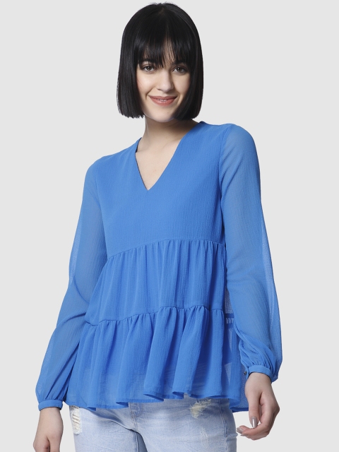 

Vero Moda Women Blue Solid Tiered Top