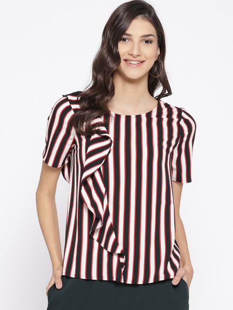 

Vero Moda Women White & Black Ruffled Striped Top