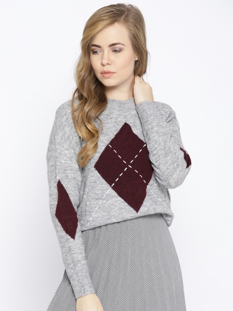 

Vero Moda Women Grey Melange & Burgundy Argyle Patterned Pullover