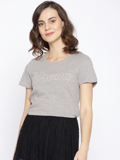 

Vero Moda Women Grey Melange Rubber Printed Round Neck T-shirt