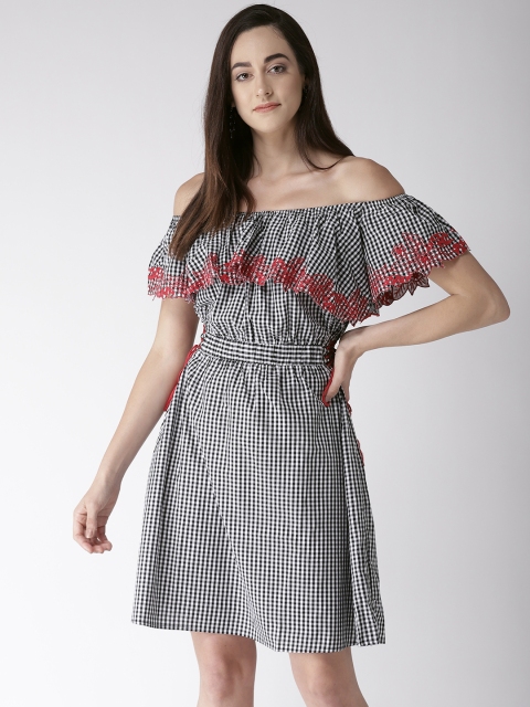 

Madame Women Black & White Checked Off Shoulder Fit and Flare Dress