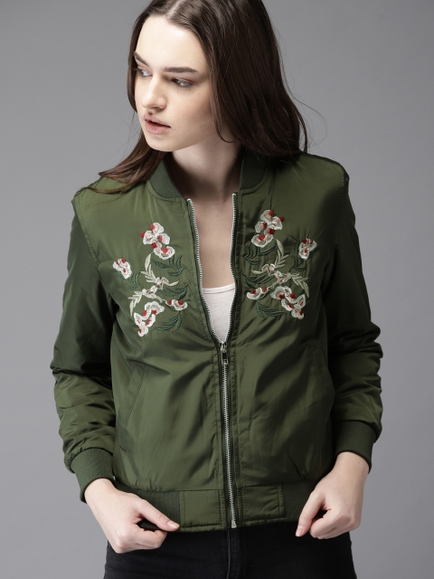 

Moda Rapido Women Olive Green Embroidered Bomber