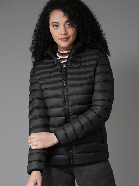 

HERE&NOW Women Black Solid Puffer Jacket with Detachable Hood