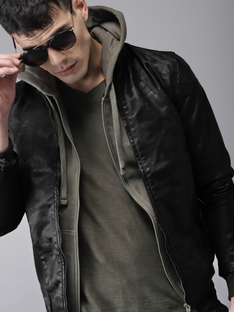

HERE&NOW Men Black Printed Biker Jacket