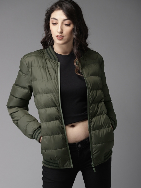 

HERE&NOW Women Olive Green Solid Bomber