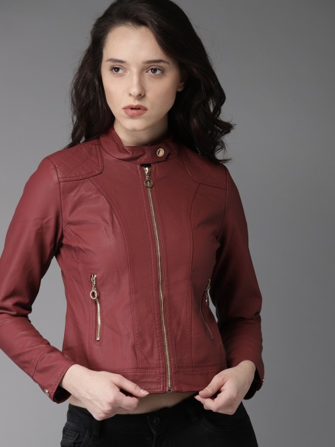

HERE&NOW Women Maroon Solid Biker Jacket