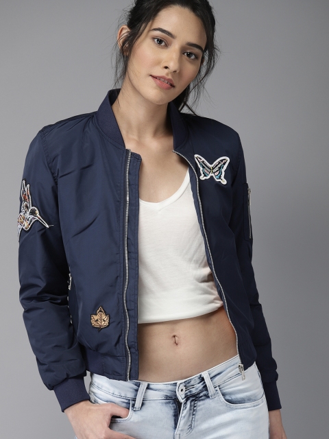 

Moda Rapido Women Navy Blue Solid Bomber