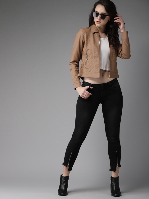 

HERE&NOW Women Tan Solid Biker Jacket