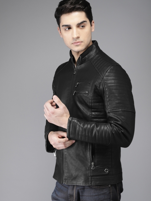 

HERE&NOW Men Black Solid Biker Jacket