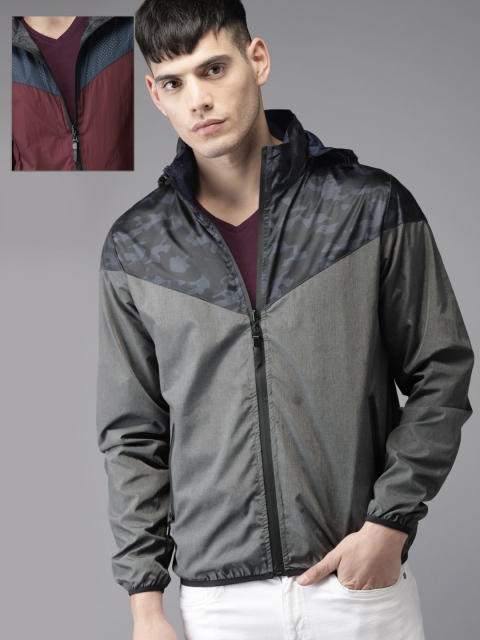 

Moda Rapido Men Grey & Maroon Lightweight Reversible Tailored Jacket with Detachable Hood