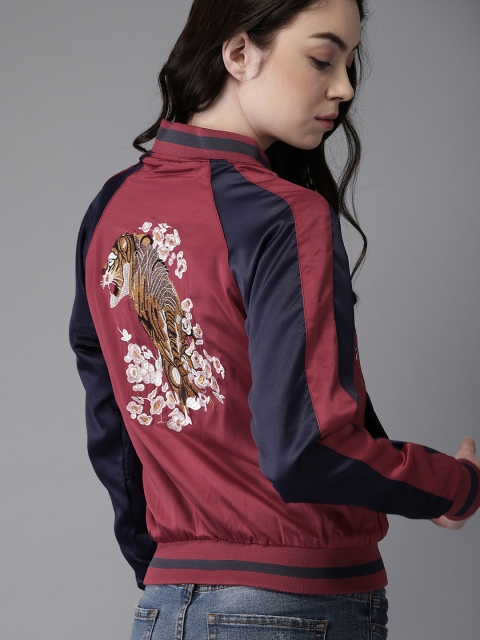 

HERE&NOW Women Maroon Embroidered Bomber